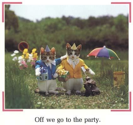 kittens dressed up carrying pressents, captiones off we go to the party
